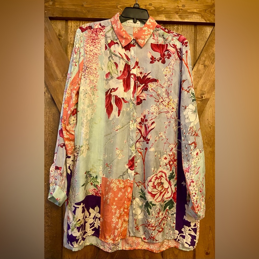 ETRO Floral Patchwork Button-down Long Sleeve Silk Blend Shirt- measurement 👇